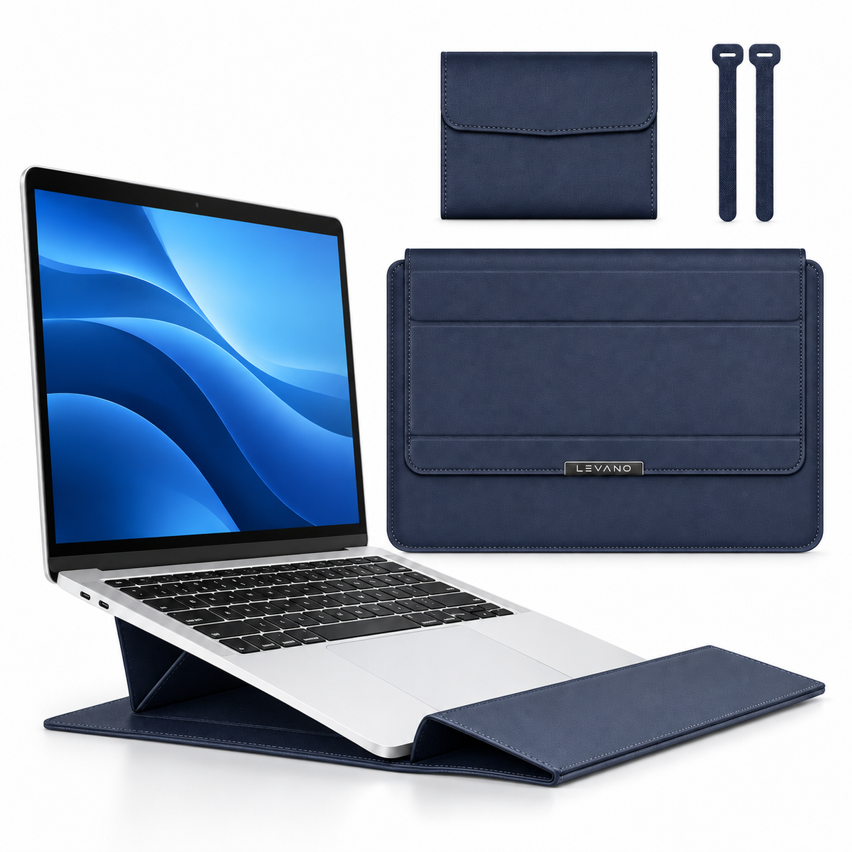 Laptop raised on the unfolded Levano stand with the wrist rest in place